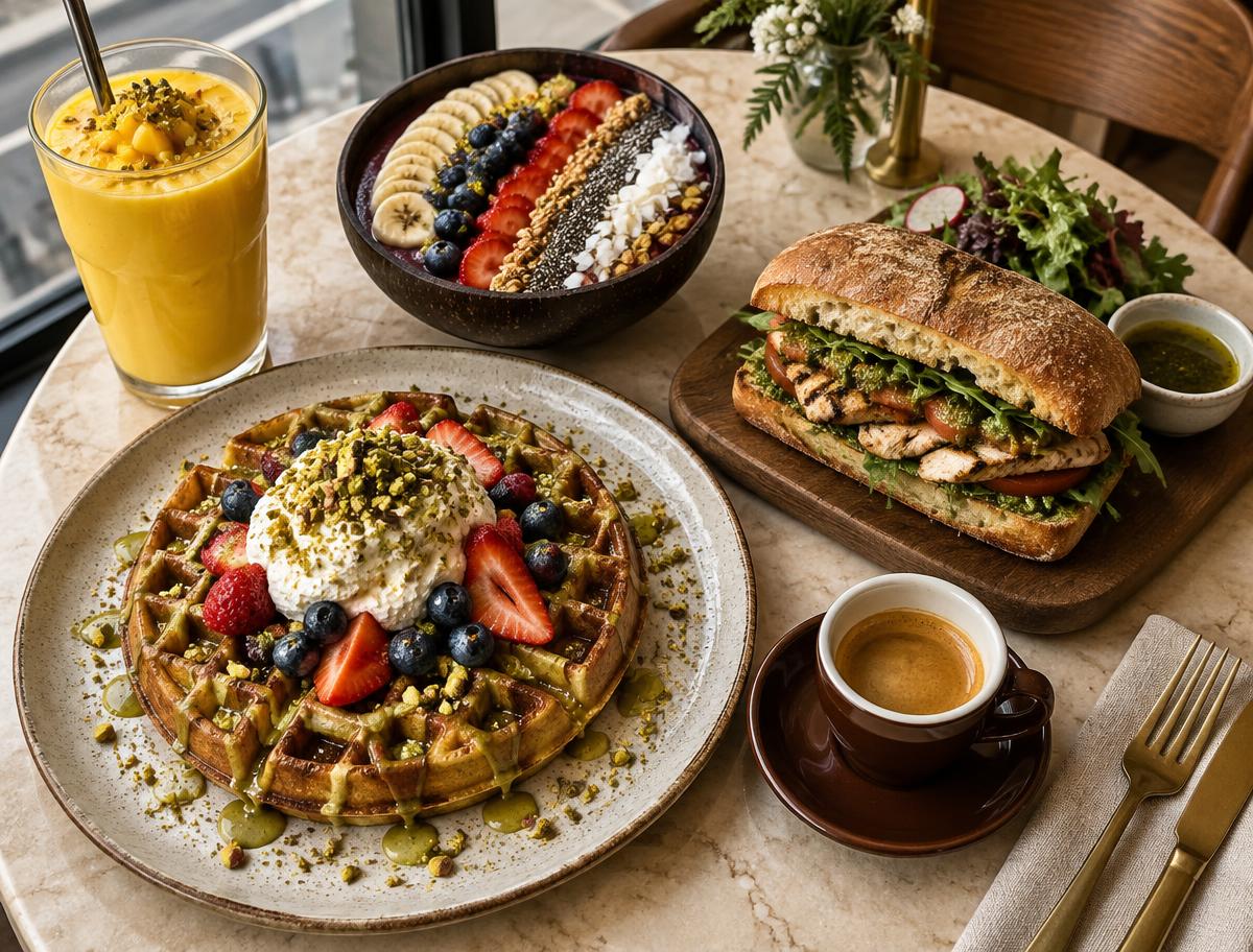 Waffle, acai bowl, smoothie, sandwich and espresso spread